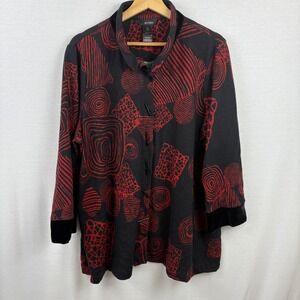 Ali Miles Women's 1X Black Red Abstract Print Velvet Trim Button Up Top